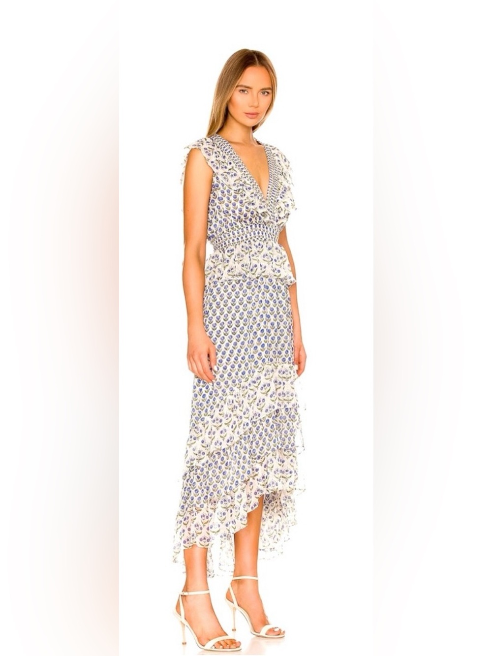 Misa Los Angeles White Floral Ruffled V-Neck Midi Dress